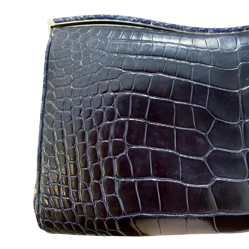 Judith Leiber Midnight Blue Alligator Clutch W/Silver Tone‎ & Lapis Stone Frame